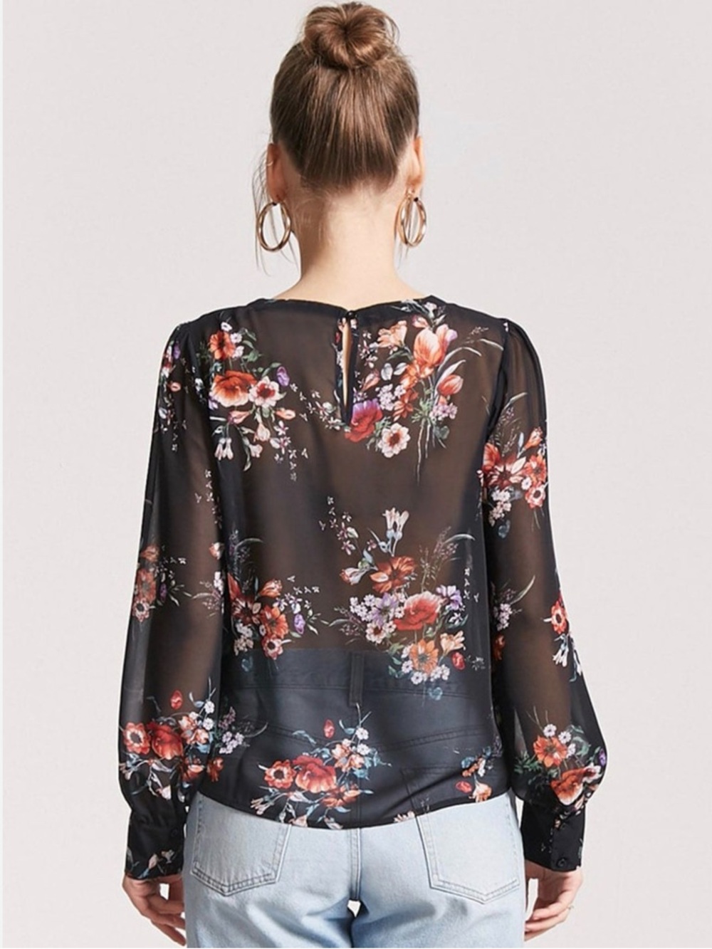 Forever 21 Sheer Black Floral Blouse | Boho Whimsigoth Romantic Goth Top L
